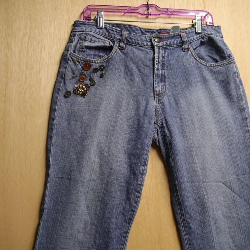 Y2K Embellished Flare Leg Jeans Medium Wash Button Sequin Detail Denim Pants